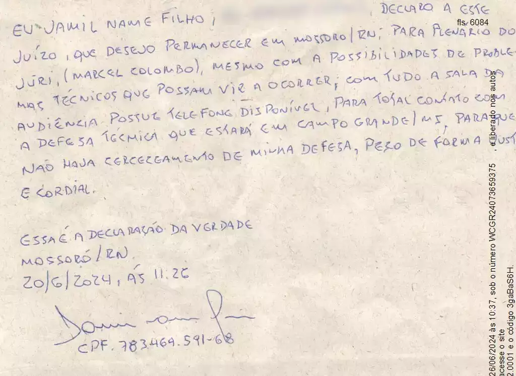 Name é atendido após bilhete a juiz, mas ex-guarda tem negada vinda a MSJuiz aceitou a declaração de próprio punho e autorizou o julgamento por meio de transmissão ao vivo