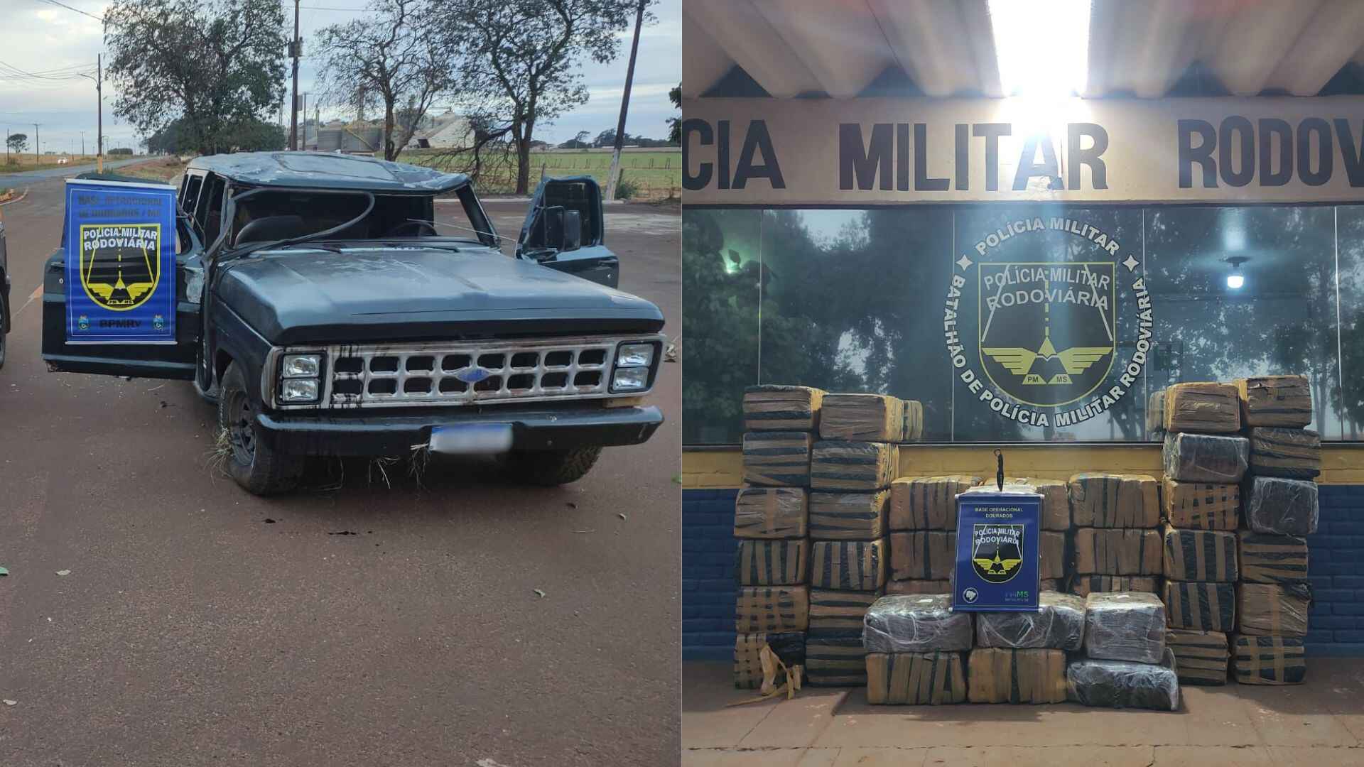 Motorista capota caminhonete carregada com mais de 1 tonelada de maconha na MS-162 em Dourados